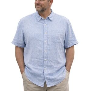 LL Bean Mens XL Regular Short Sleeve 100% Linen Button Down Shirt Blue